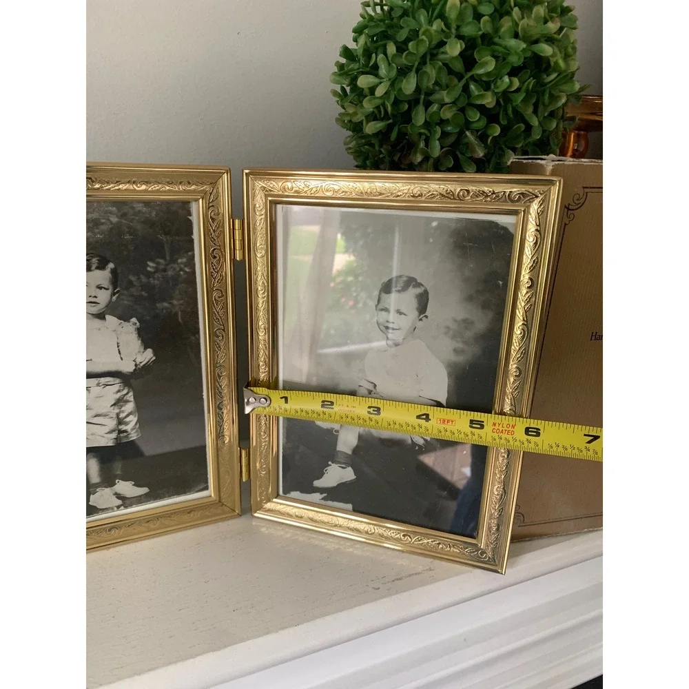 Vintage Louis Michel Co Solid Brass Double Folding 5x7 Picture Frame Gold Etched